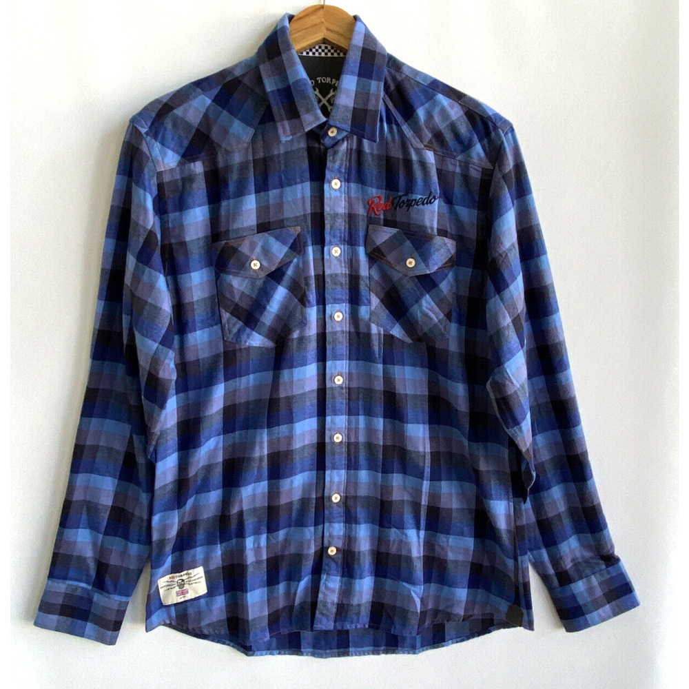 RED TORPEDO Blue Plaid Check Flannel Button up Shirt Motorsport Size L